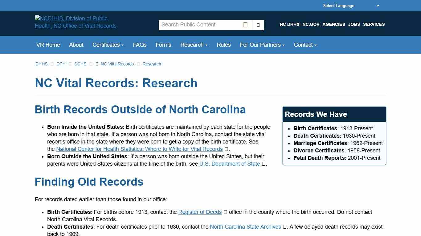 NCDHHS: DPH: NC Vital Records: Research